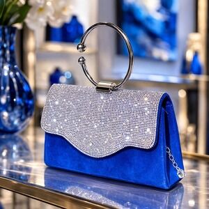Purse Blue Suede with Rhinestones on flap‎ and silver handle